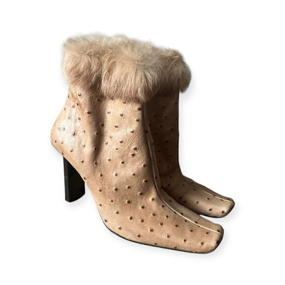 Ankle Boots in Ostrich Printed Beige Leather, with Rabbit Fur Trim, Size 37EU, Y - Picture 3 of 14